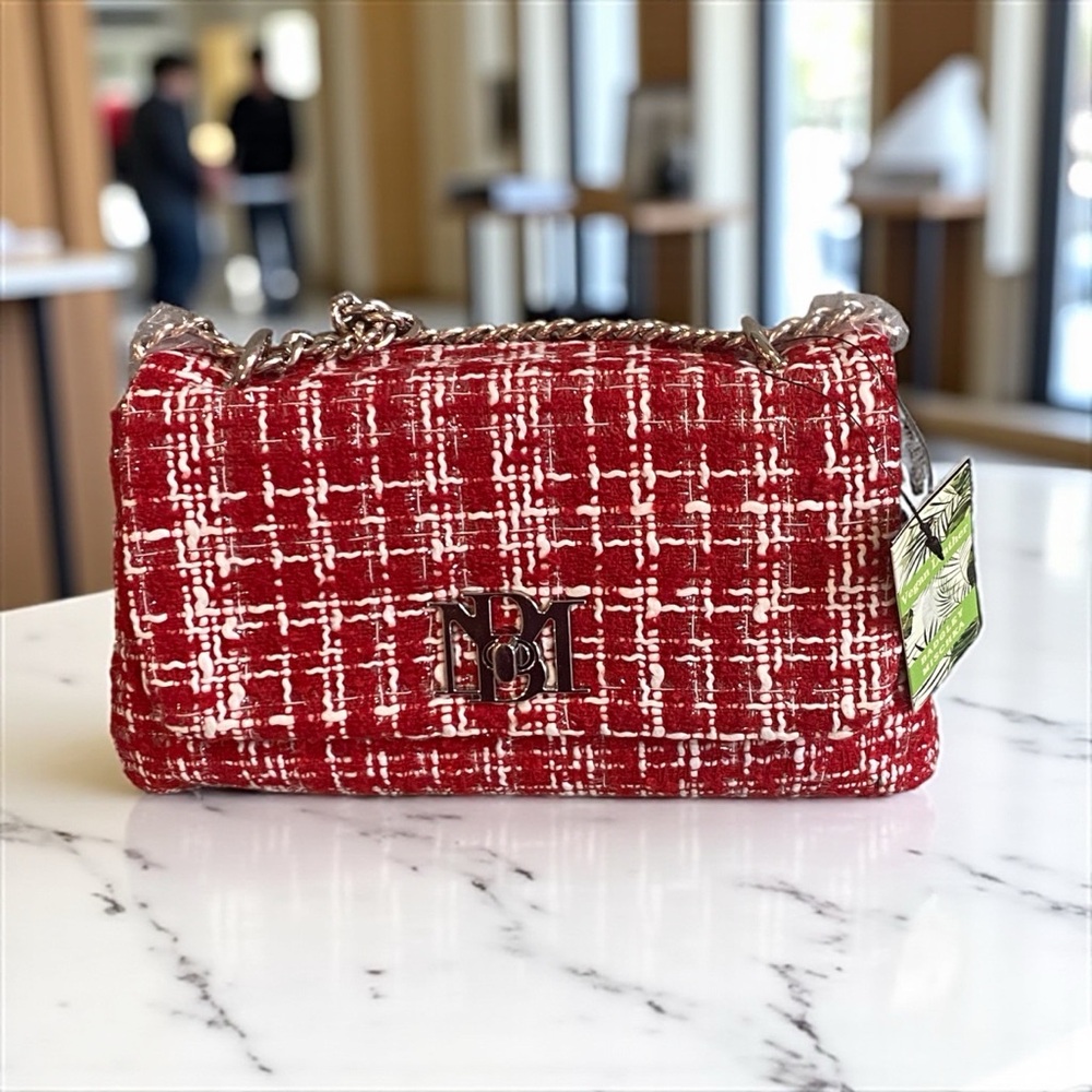 NWT Badgley Mischka Cherry Red & White Textured Plaid Convertible Crossbody